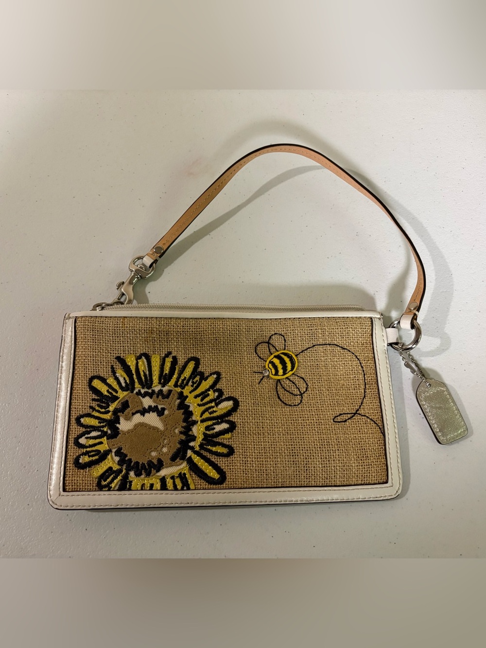 Coach Floral Bumble Bee Burlap Wristlet with White Trim - Picture 2 of 11